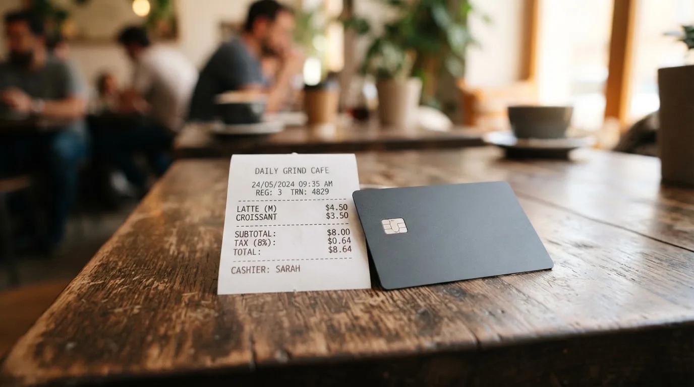 A receipt and a card on a café table