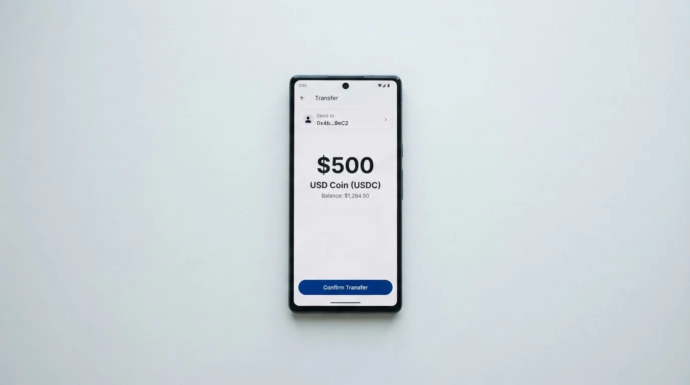 A phone showing a stablecoin transfer screen