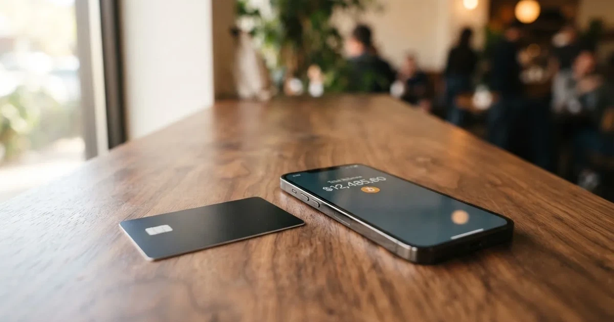 A payment card next to a phone with a crypto wallet app open