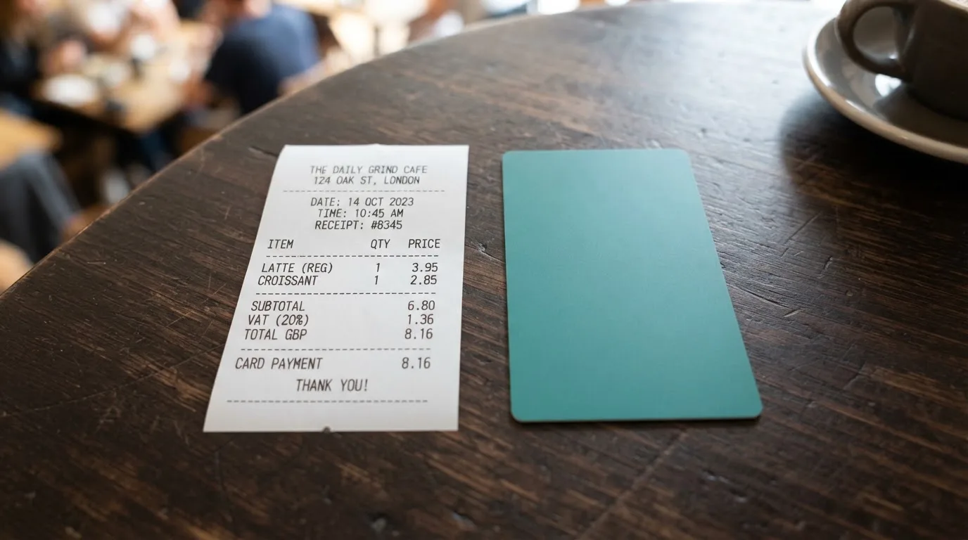 A receipt and a card on a café table