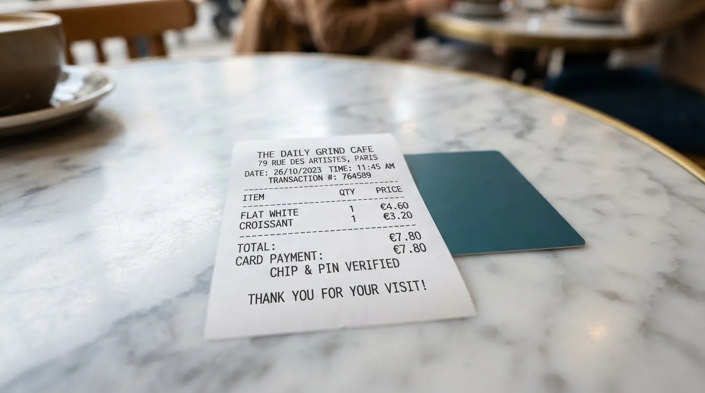 A receipt and a card on a café table