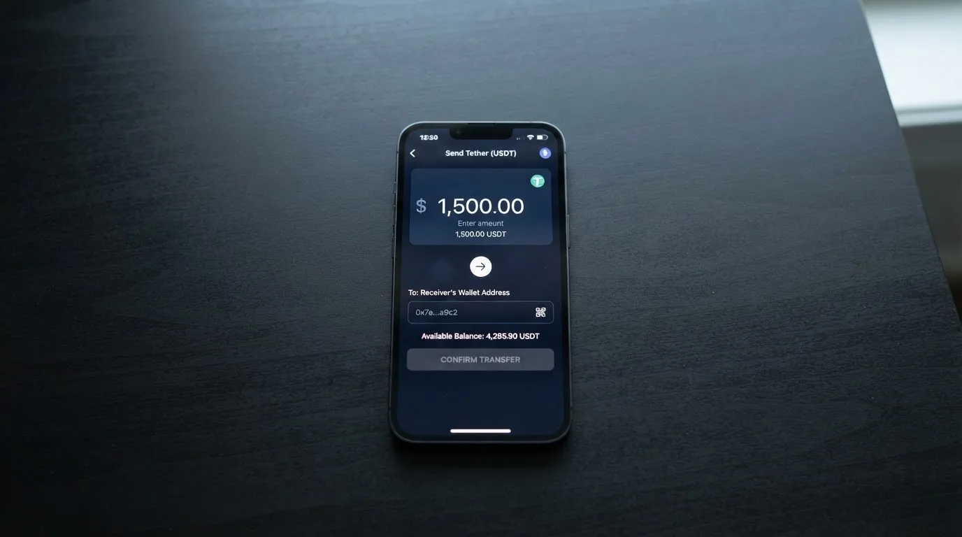 A phone showing a stablecoin transfer screen