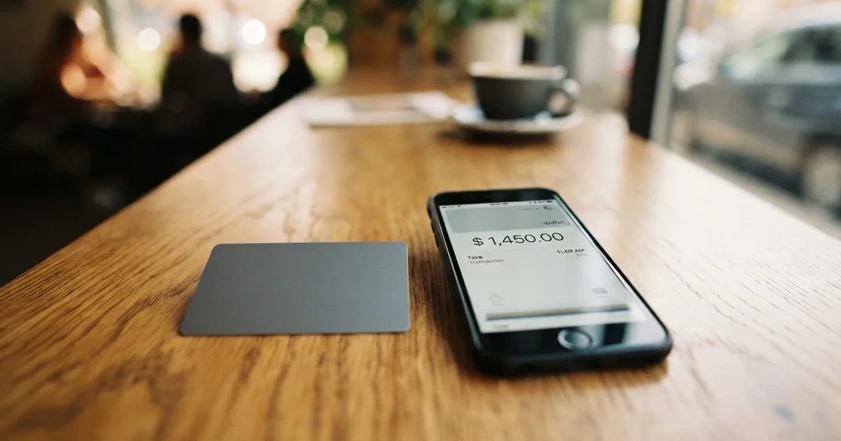 A payment card next to a phone with a crypto wallet app open