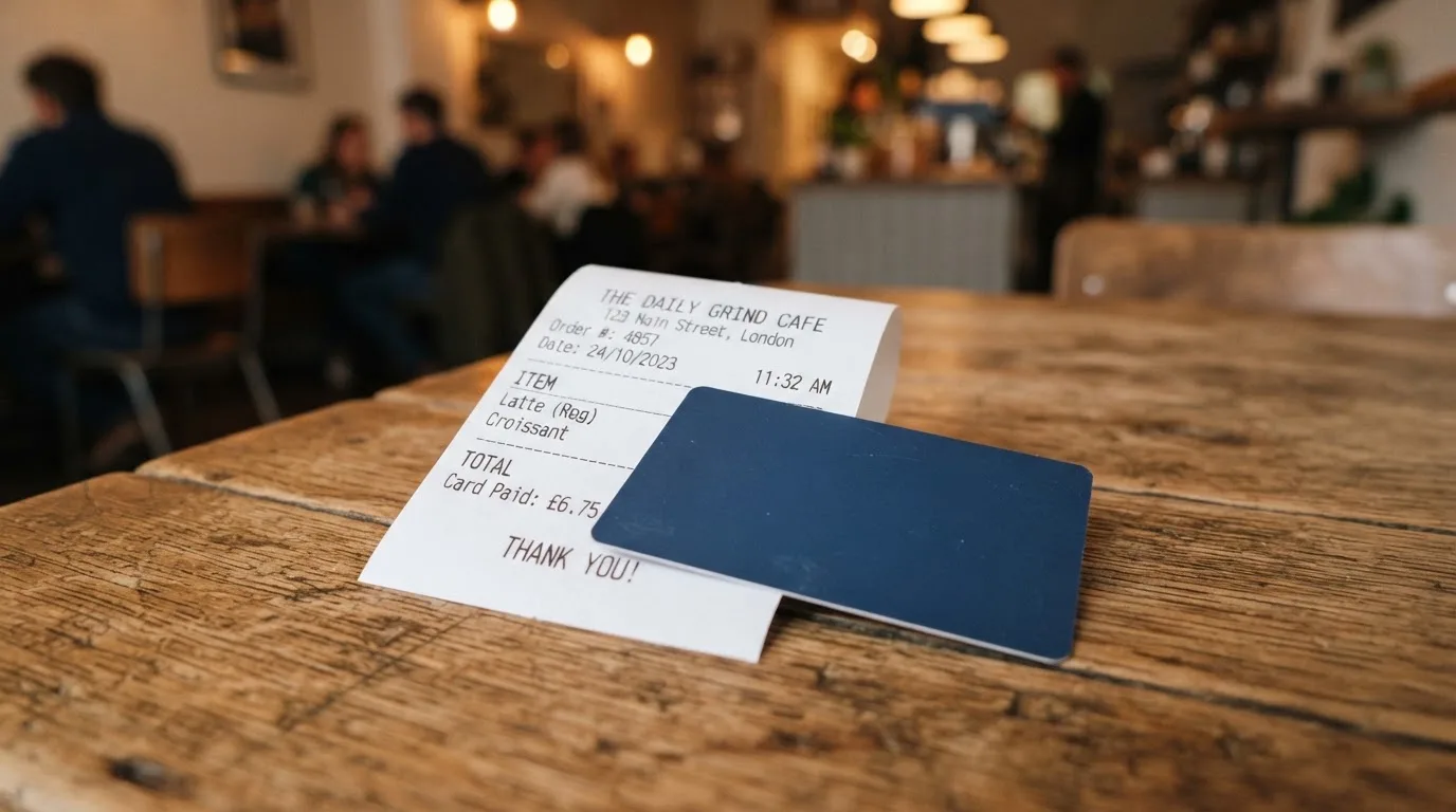 A receipt and a card on a café table