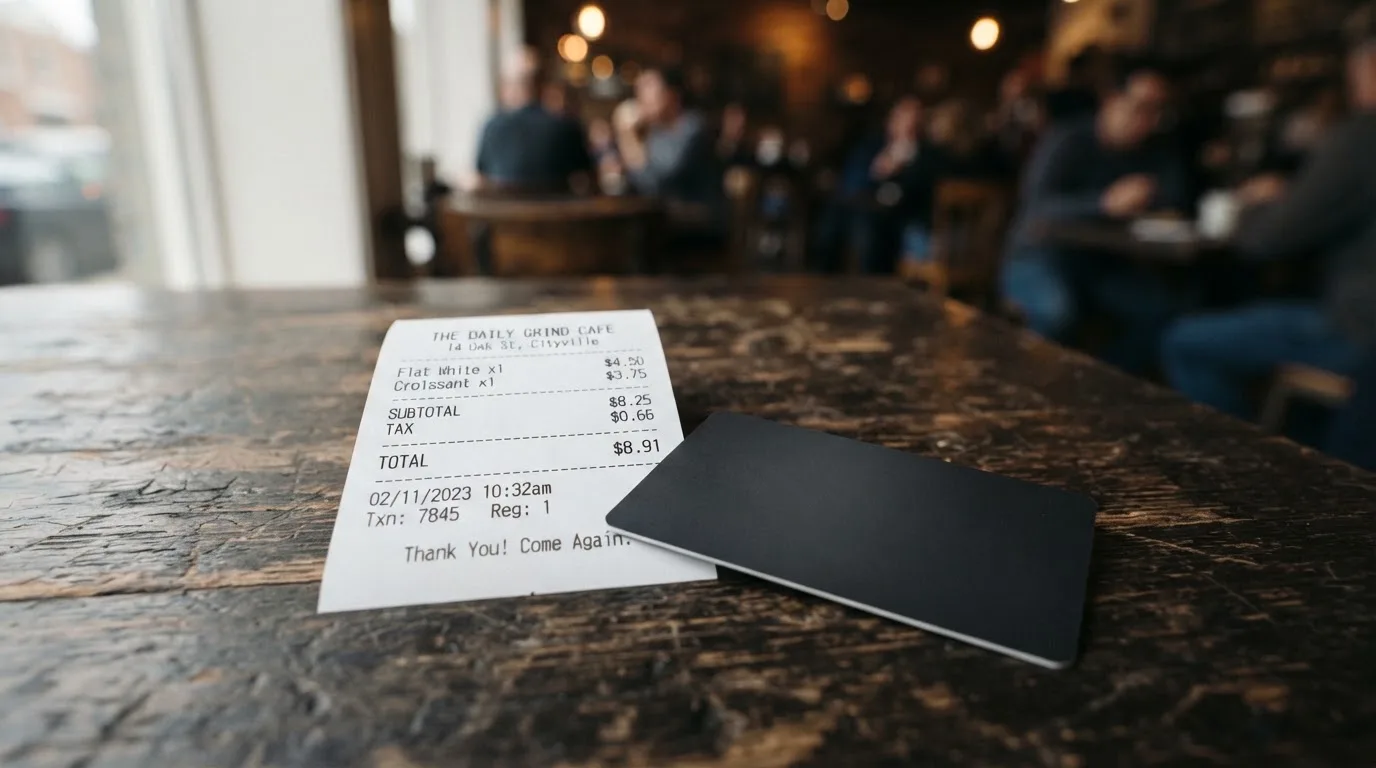 A receipt and a card on a café table