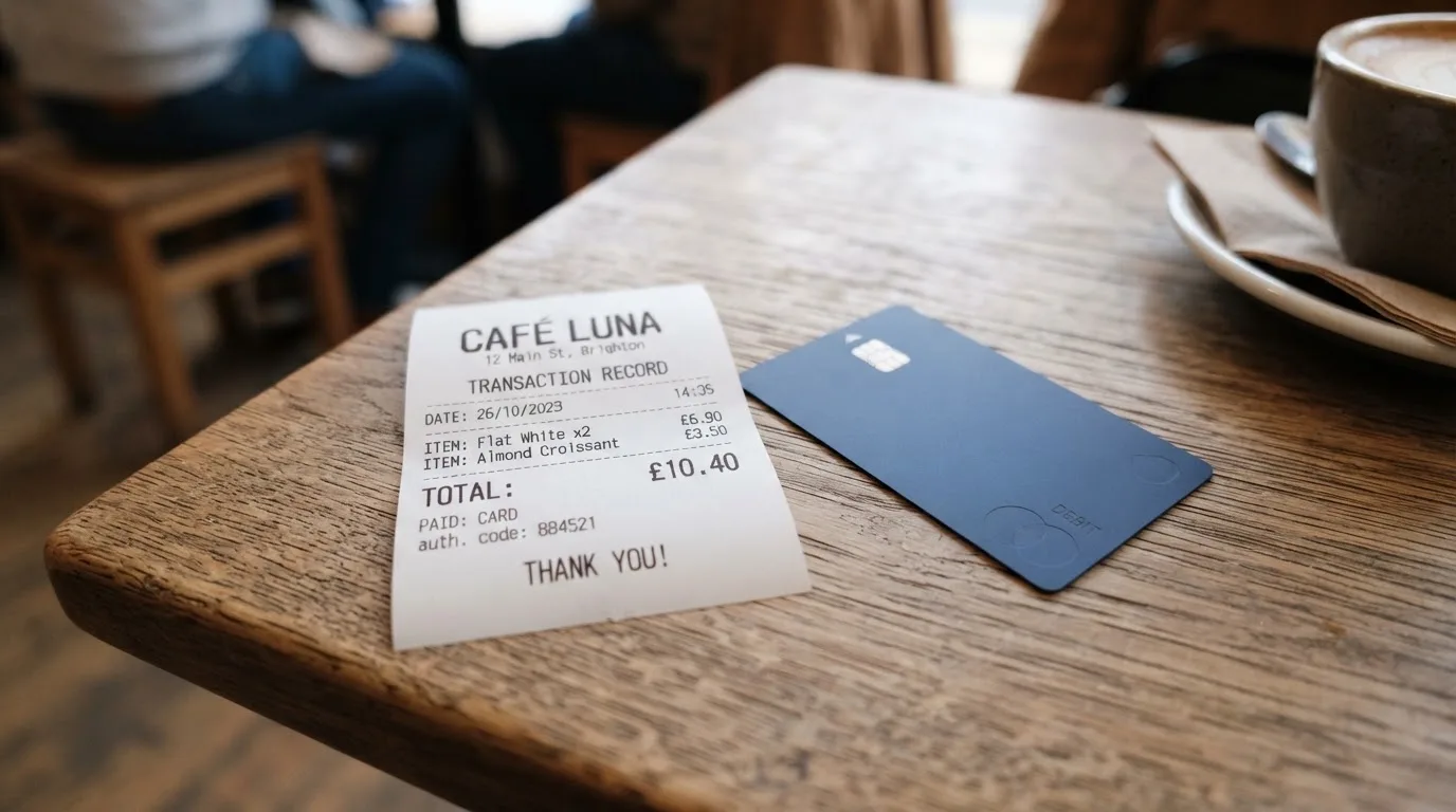 A receipt and a card on a café table