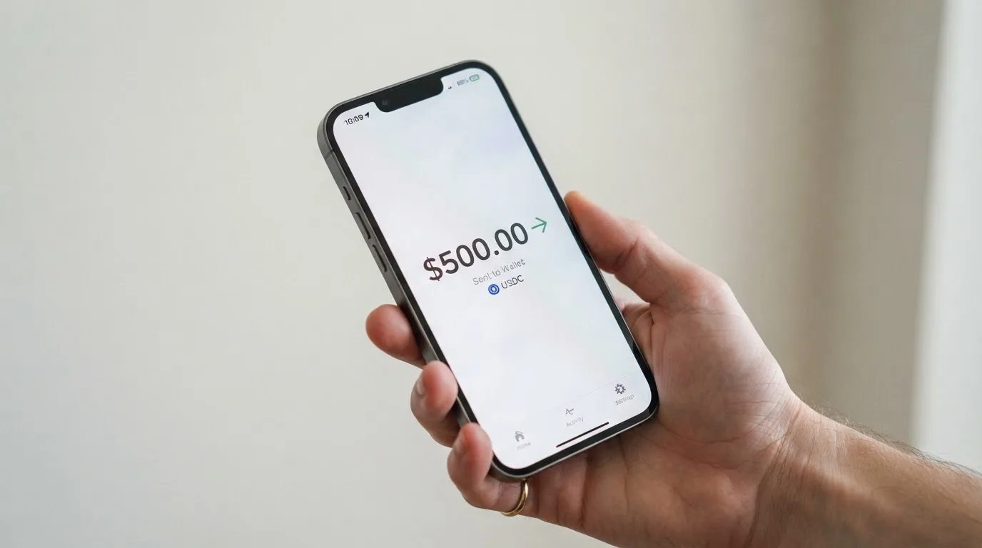 A phone showing a stablecoin transfer screen