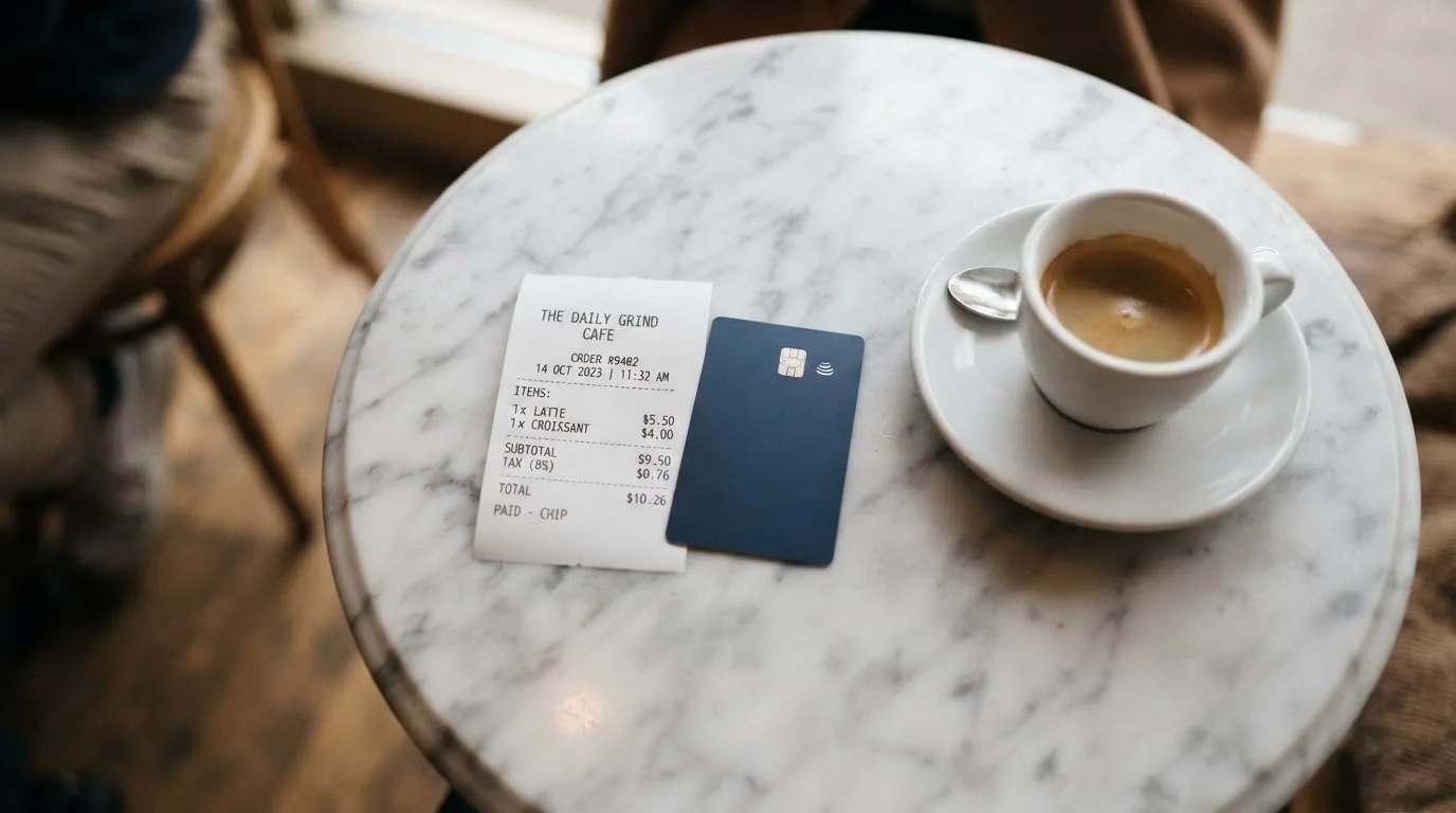 A receipt and a card on a café table
