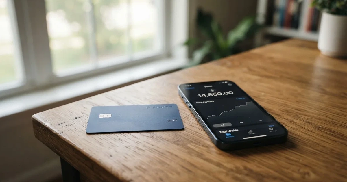 A payment card next to a phone with a crypto wallet app open