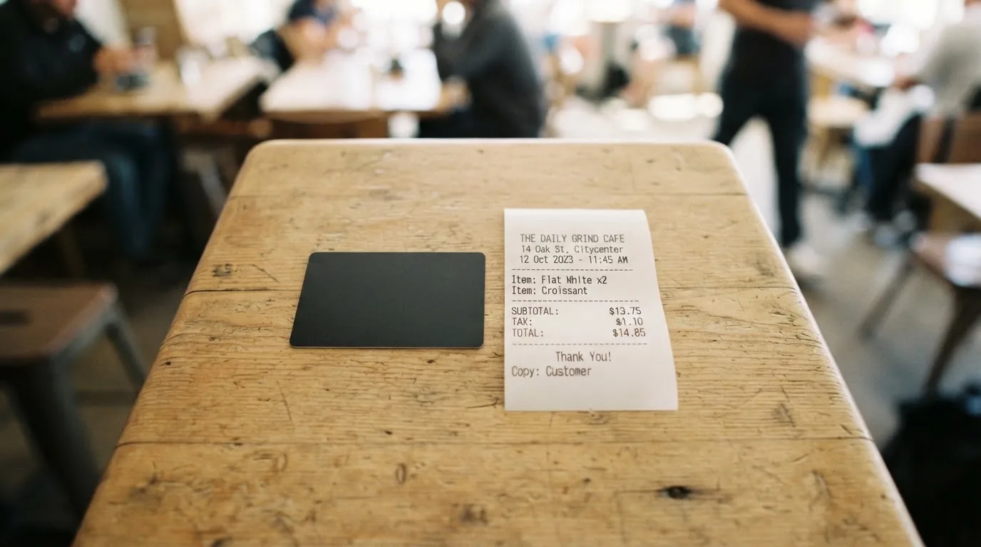 A receipt and a card on a café table