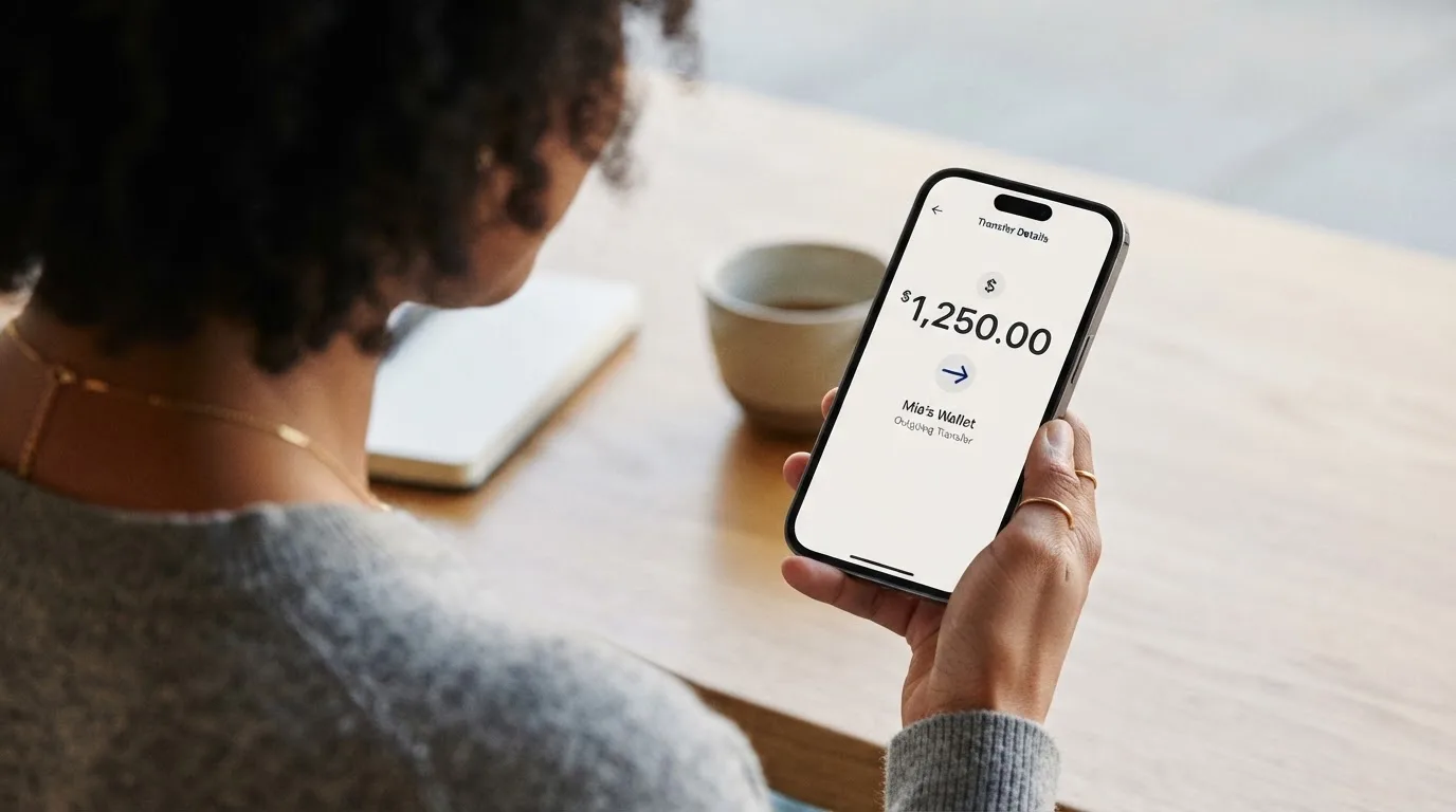 A phone showing a stablecoin transfer screen