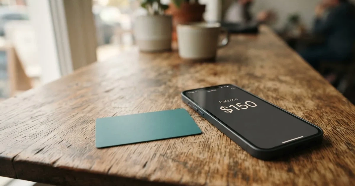A payment card next to a phone with a crypto wallet app open