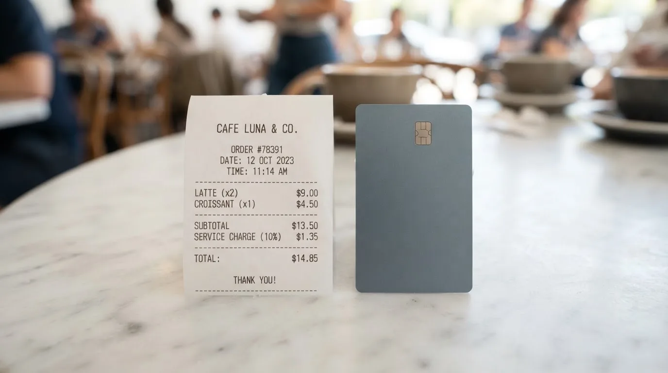 A receipt and a card on a café table
