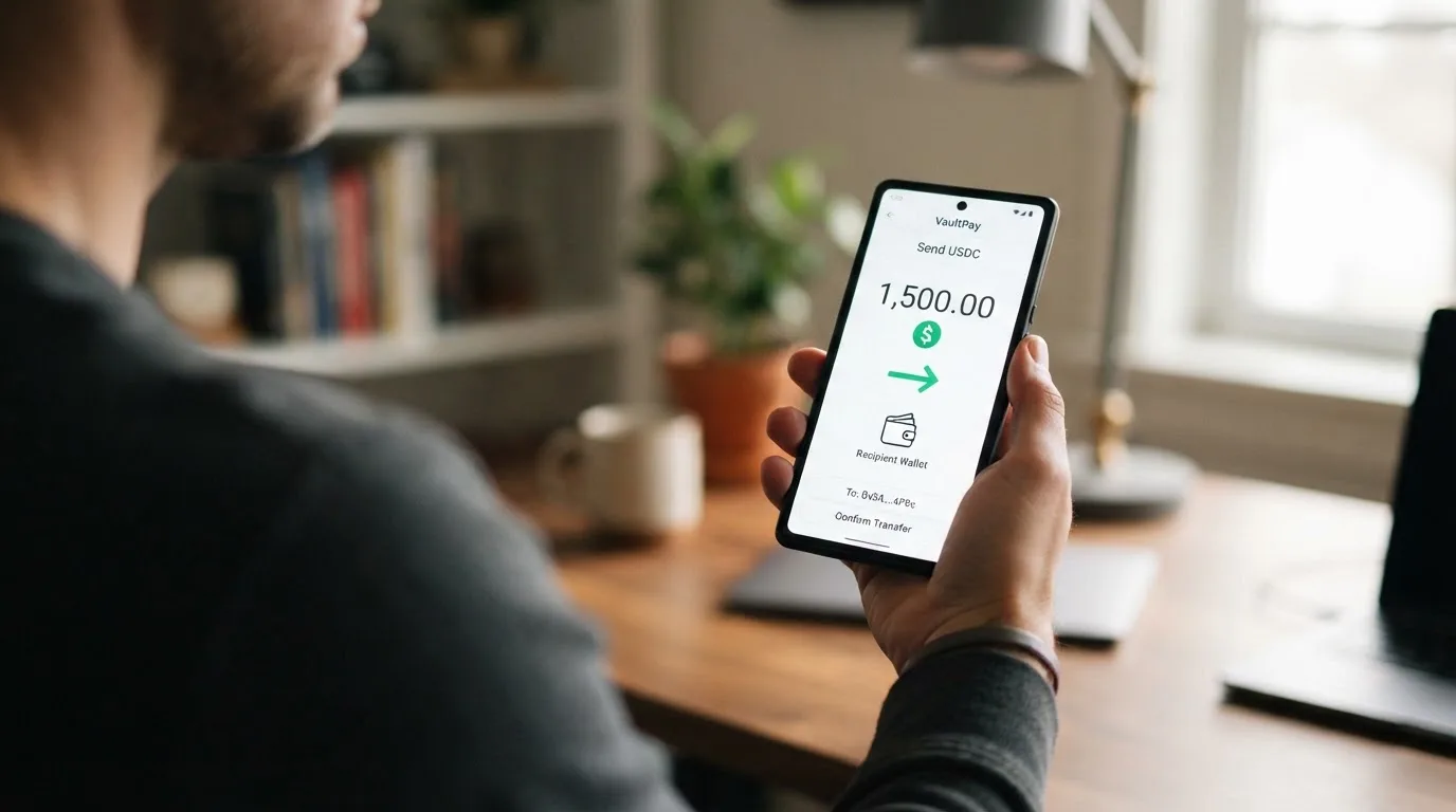 A phone showing a stablecoin transfer screen