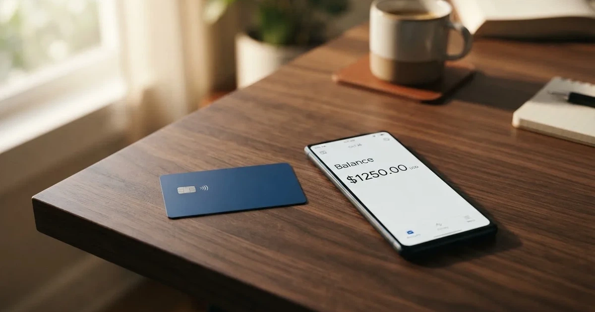 A payment card next to a phone with a crypto wallet app open