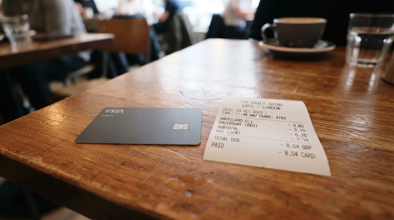 A receipt and a card on a café table