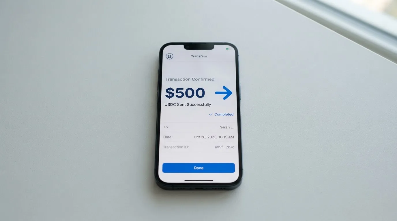 A phone showing a stablecoin transfer screen