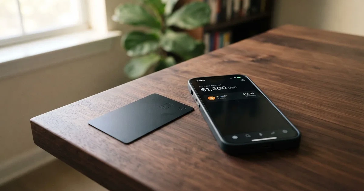 A payment card next to a phone with a crypto wallet app open