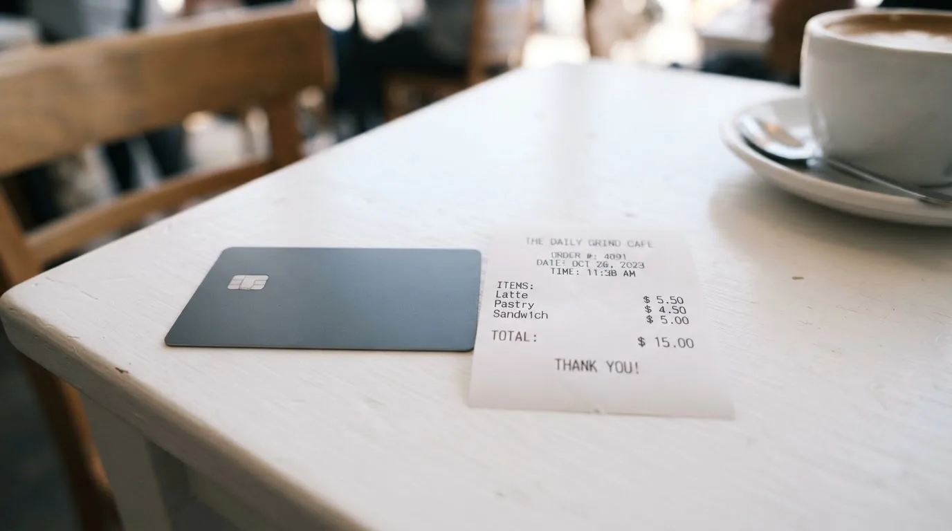 A receipt and a card on a café table
