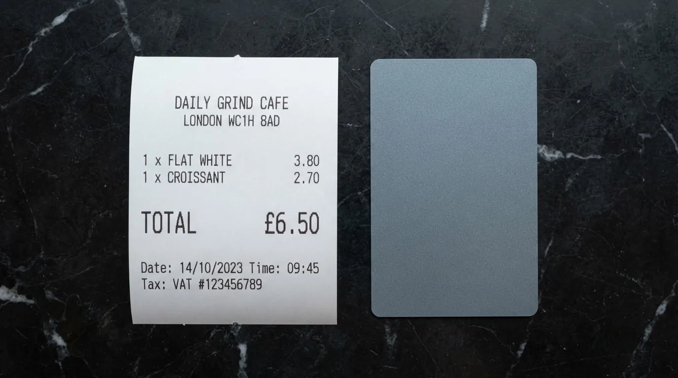 A receipt and a card on a café table