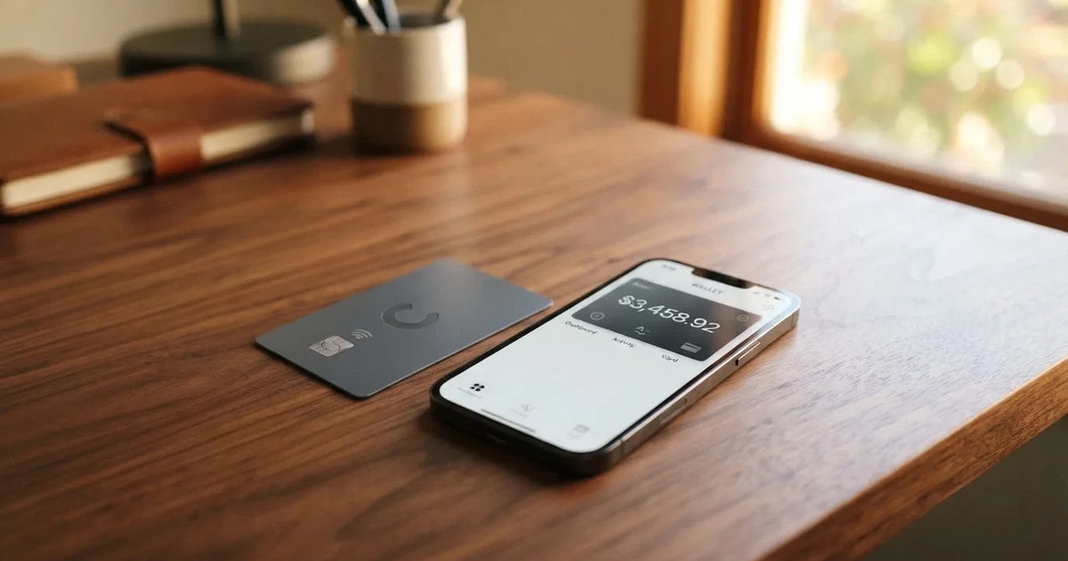 A payment card next to a phone with a crypto wallet app open