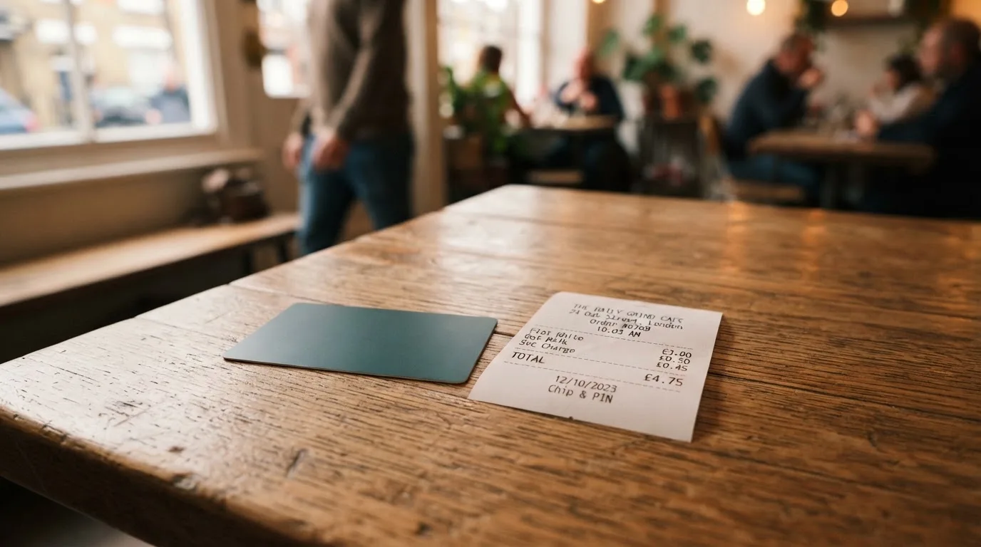 A receipt and a card on a café table