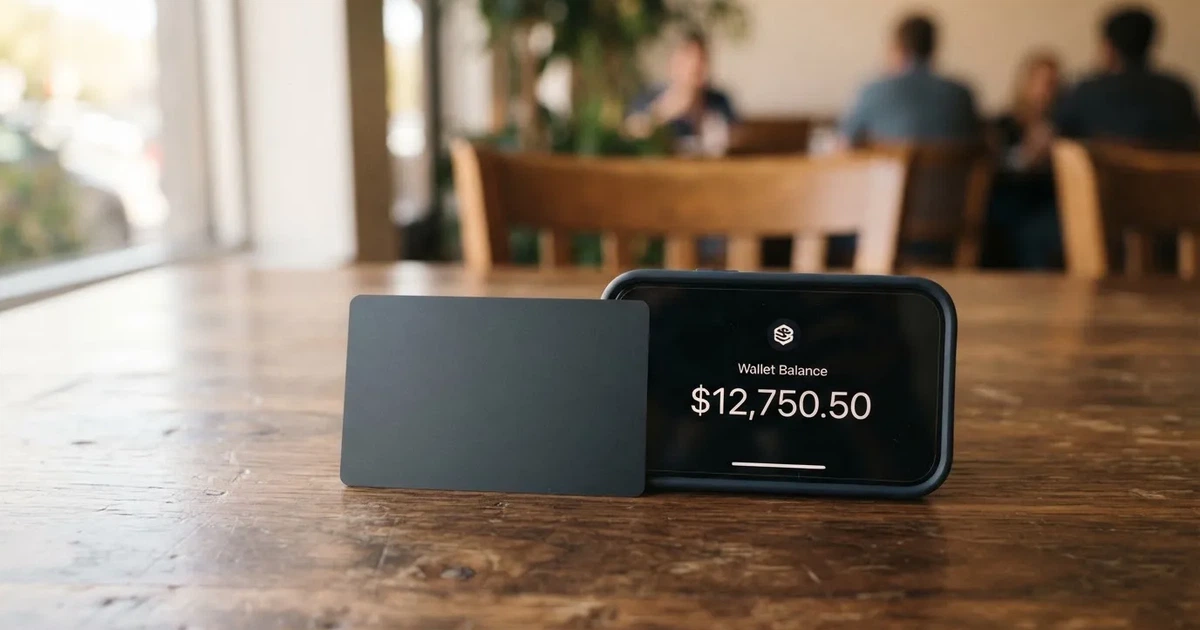 A payment card next to a phone with a crypto wallet app open