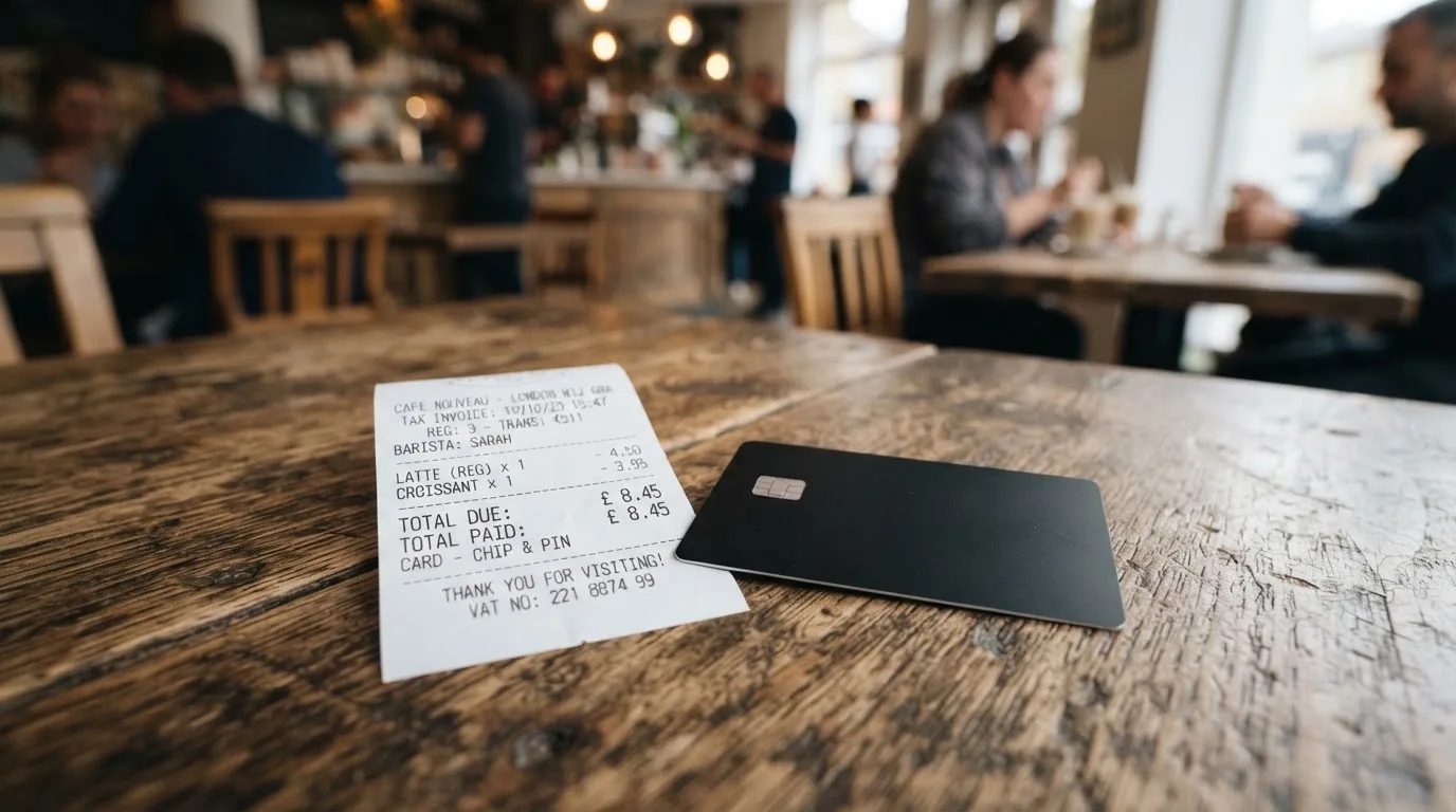 A receipt and a card on a café table