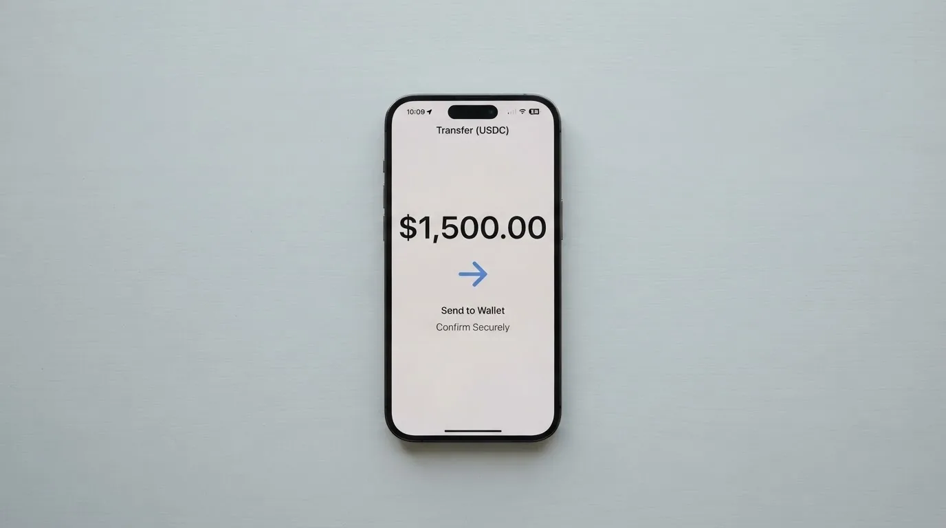 A phone showing a stablecoin transfer screen