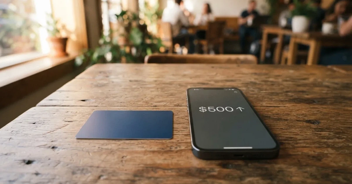 A payment card next to a phone with a crypto wallet app open