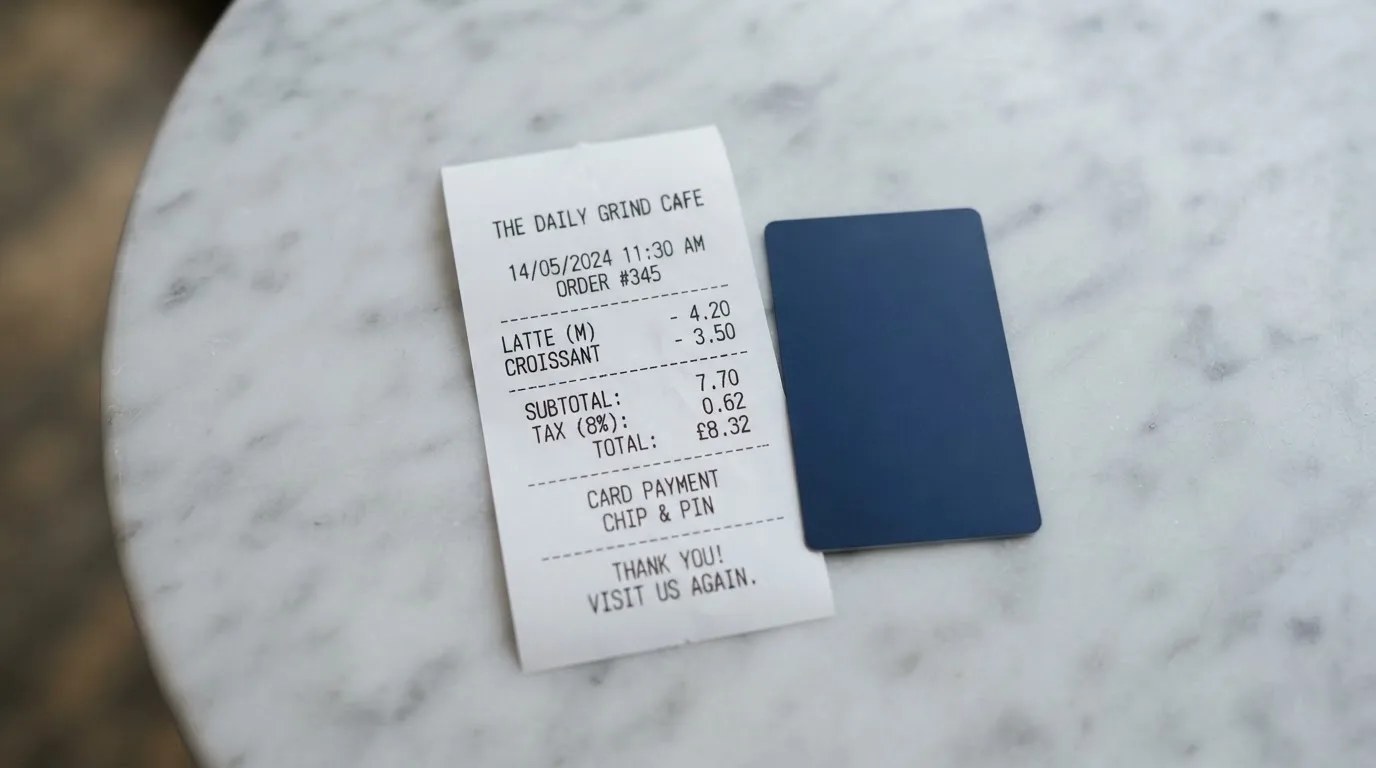 A receipt and a card on a café table