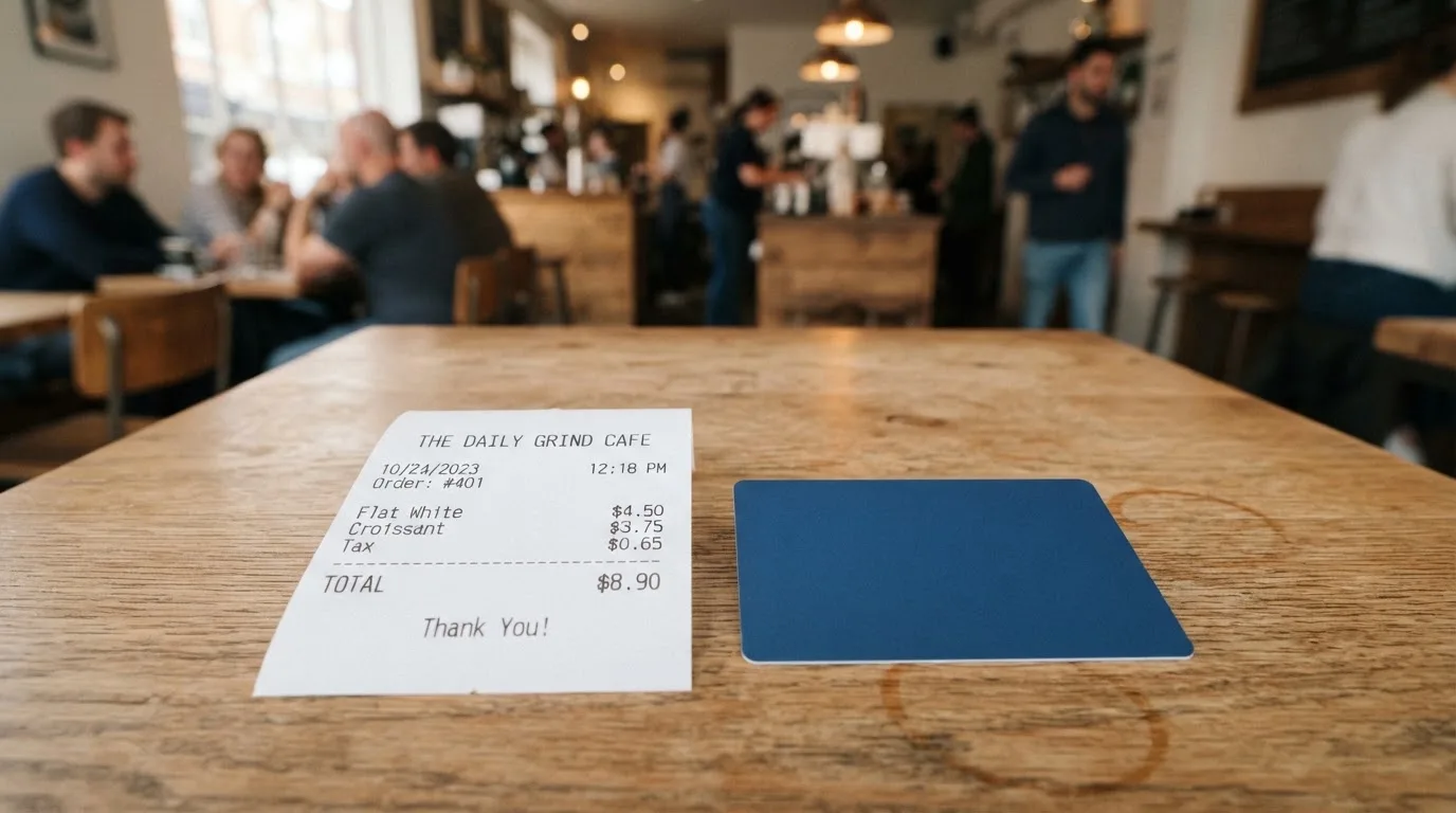 A receipt and a card on a café table