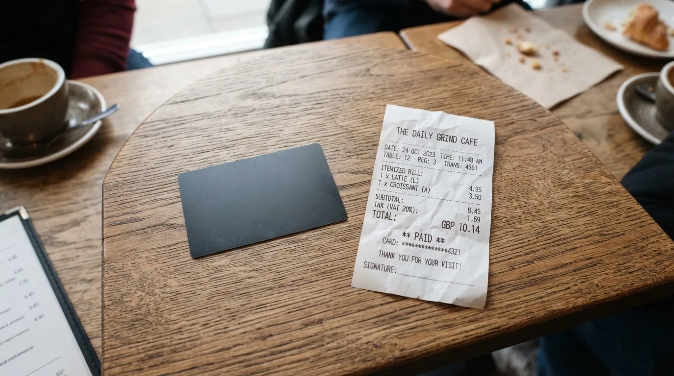 A receipt and a card on a café table