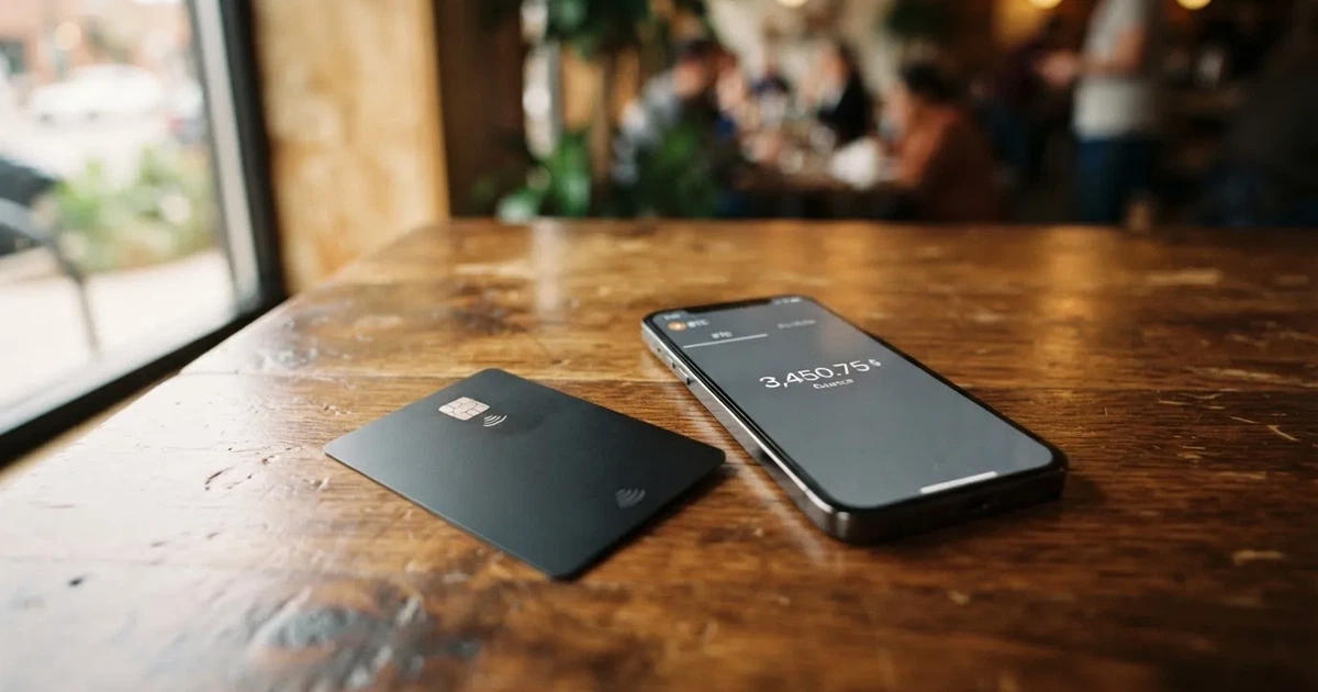 A payment card next to a phone with a crypto wallet app open
