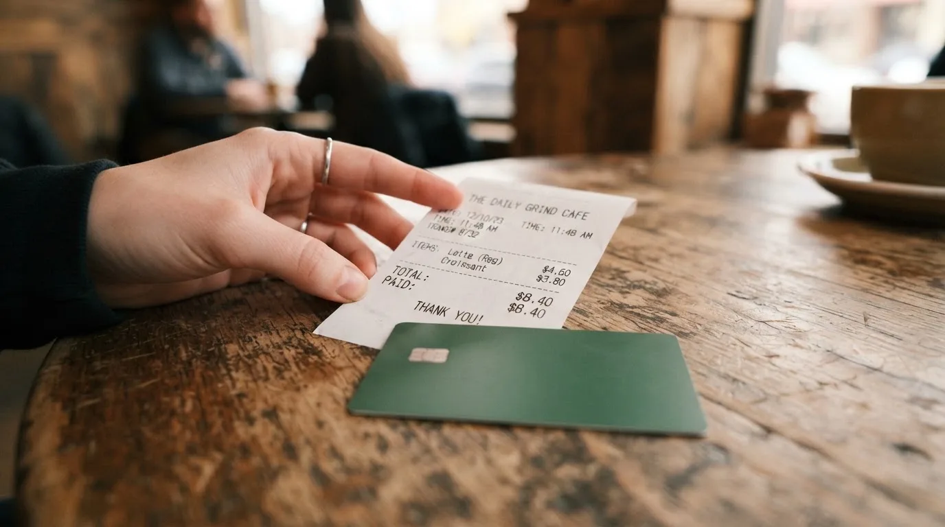A receipt and a card on a café table