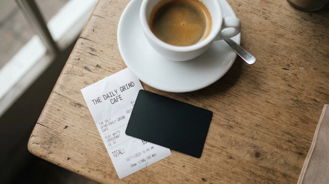 A receipt and a card on a café table