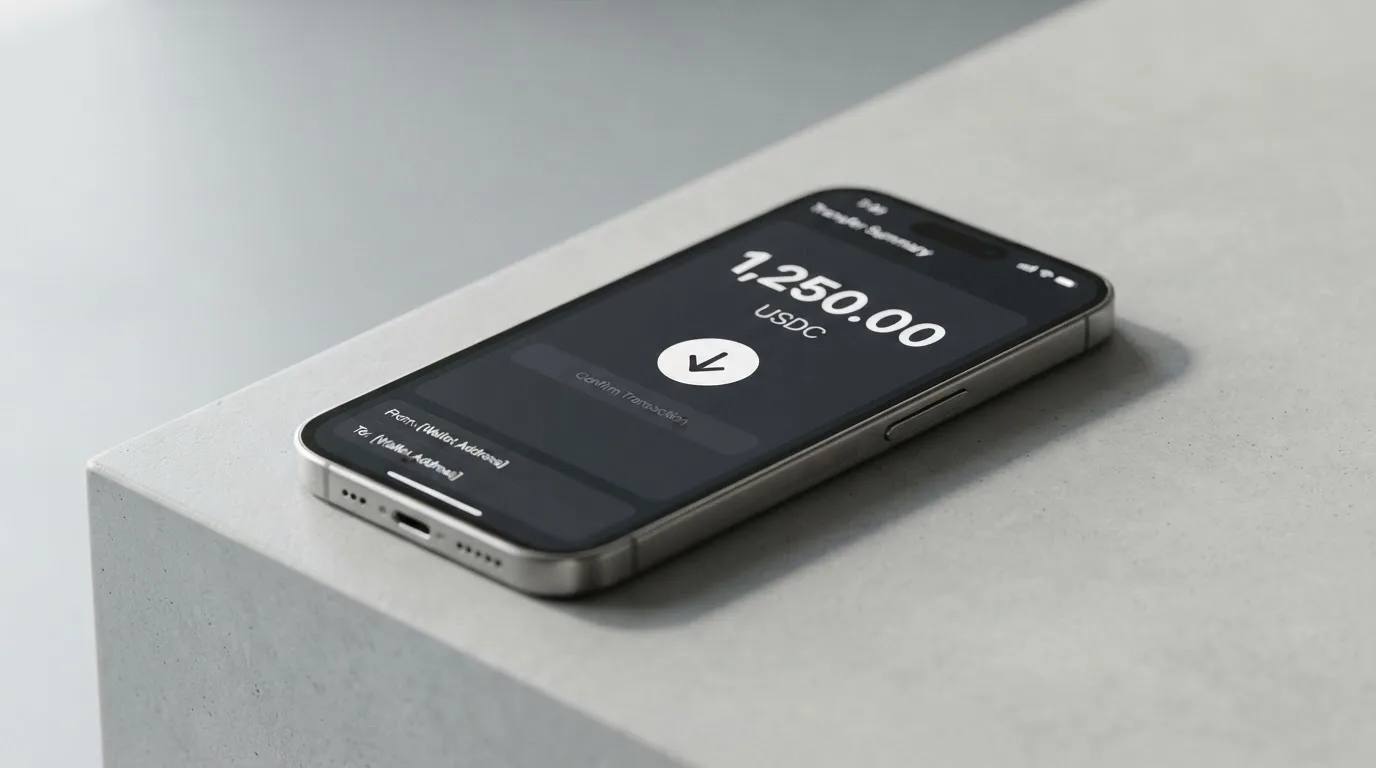A phone showing a stablecoin transfer screen