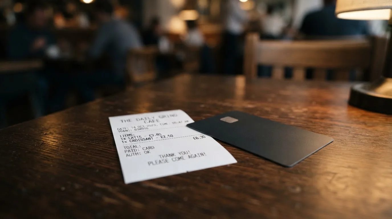 A receipt and a card on a café table
