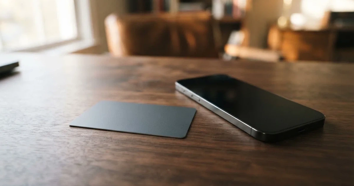 A payment card next to a phone with a crypto wallet app open