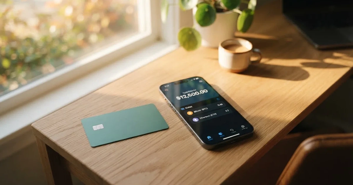 A payment card next to a phone with a crypto wallet app open