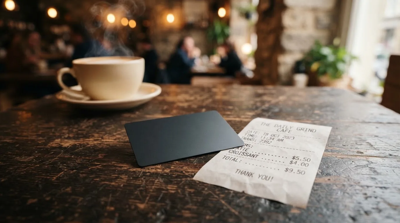 A receipt and a card on a café table