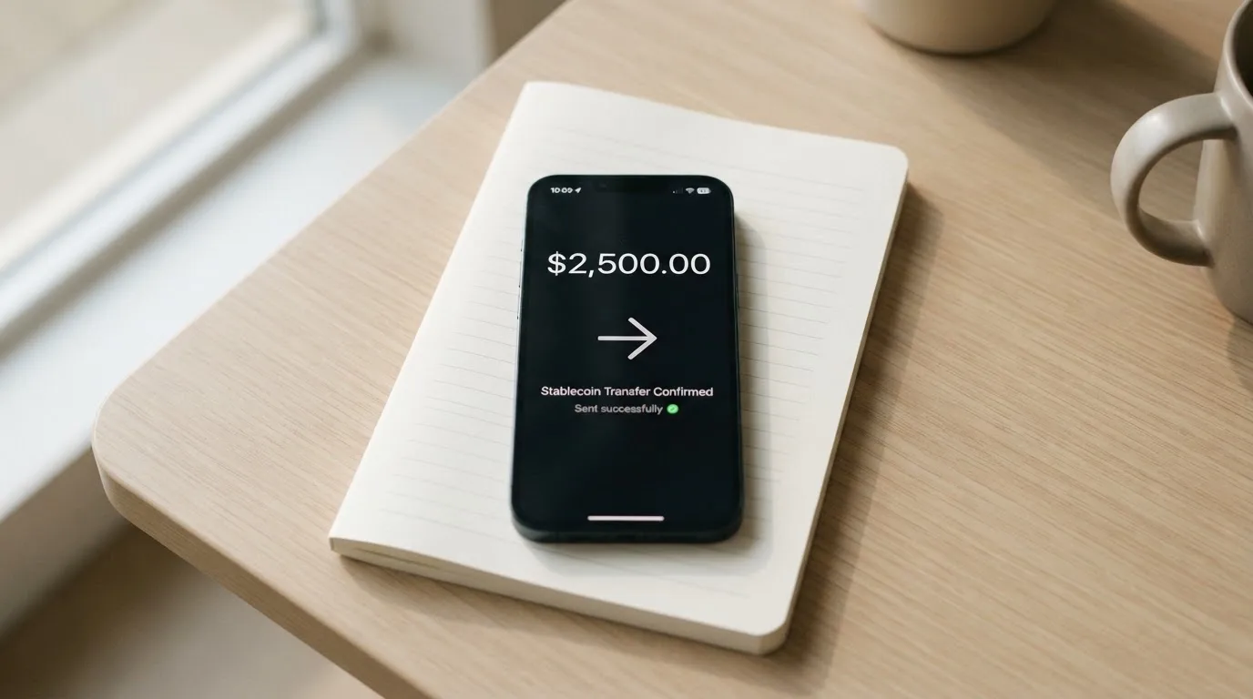 A phone showing a stablecoin transfer screen