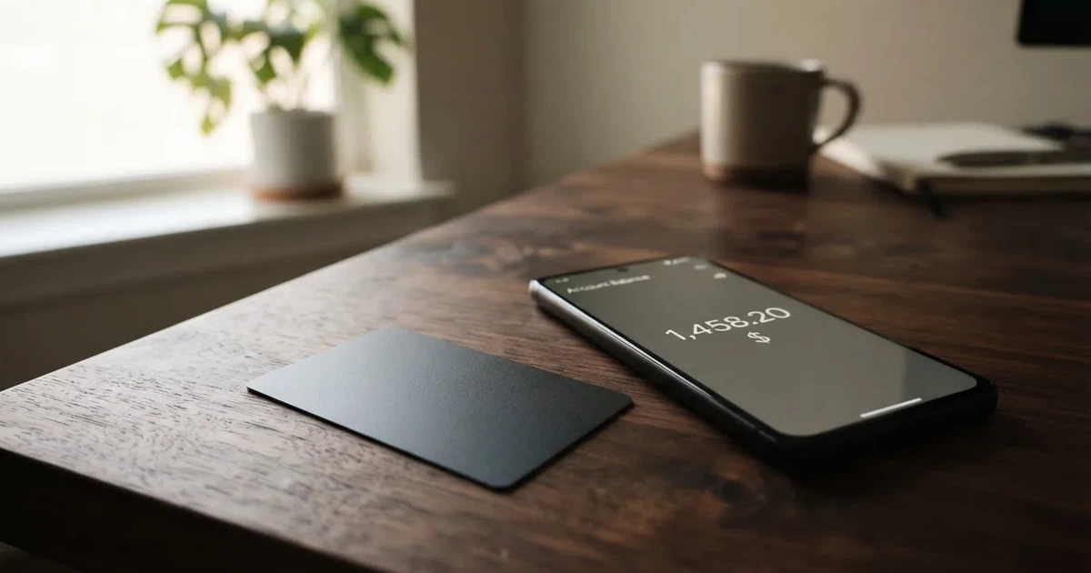 A payment card next to a phone with a crypto wallet app open