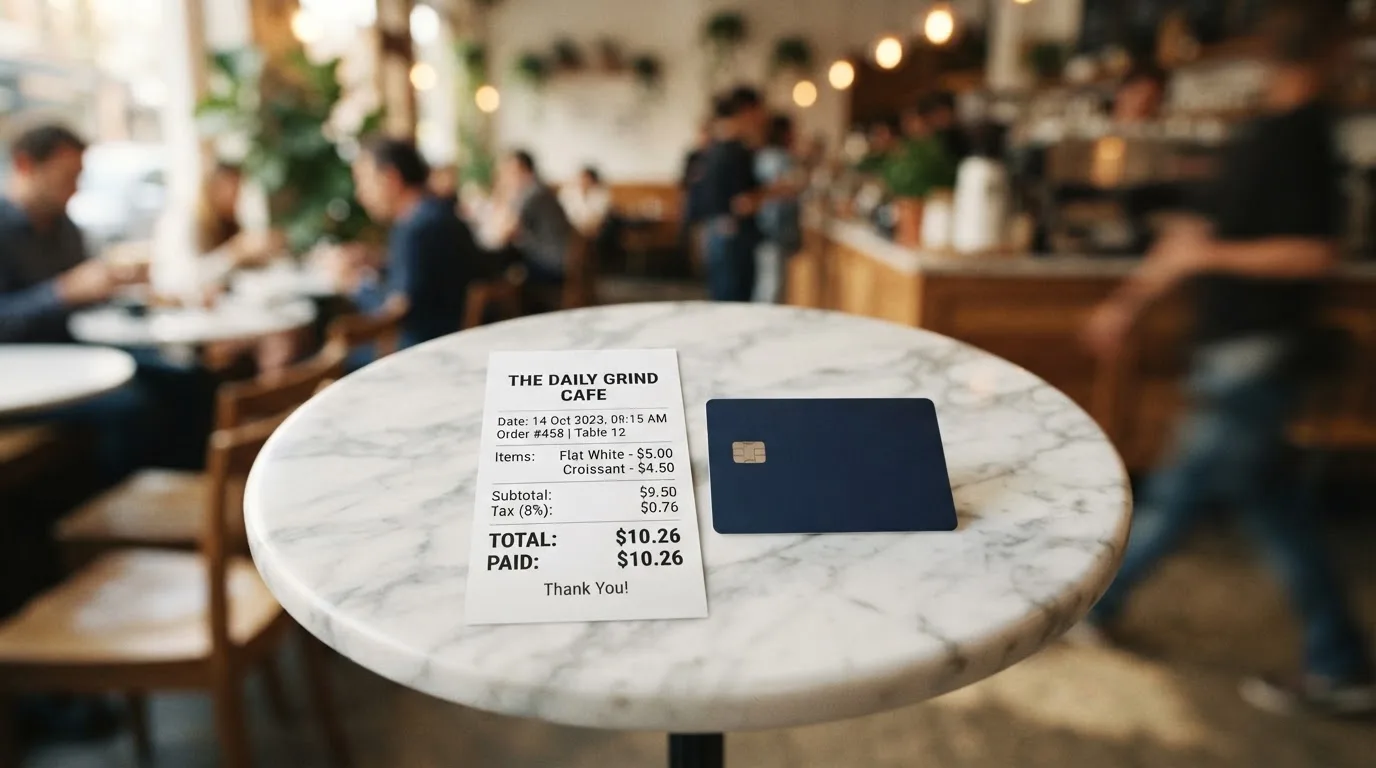A receipt and a card on a café table