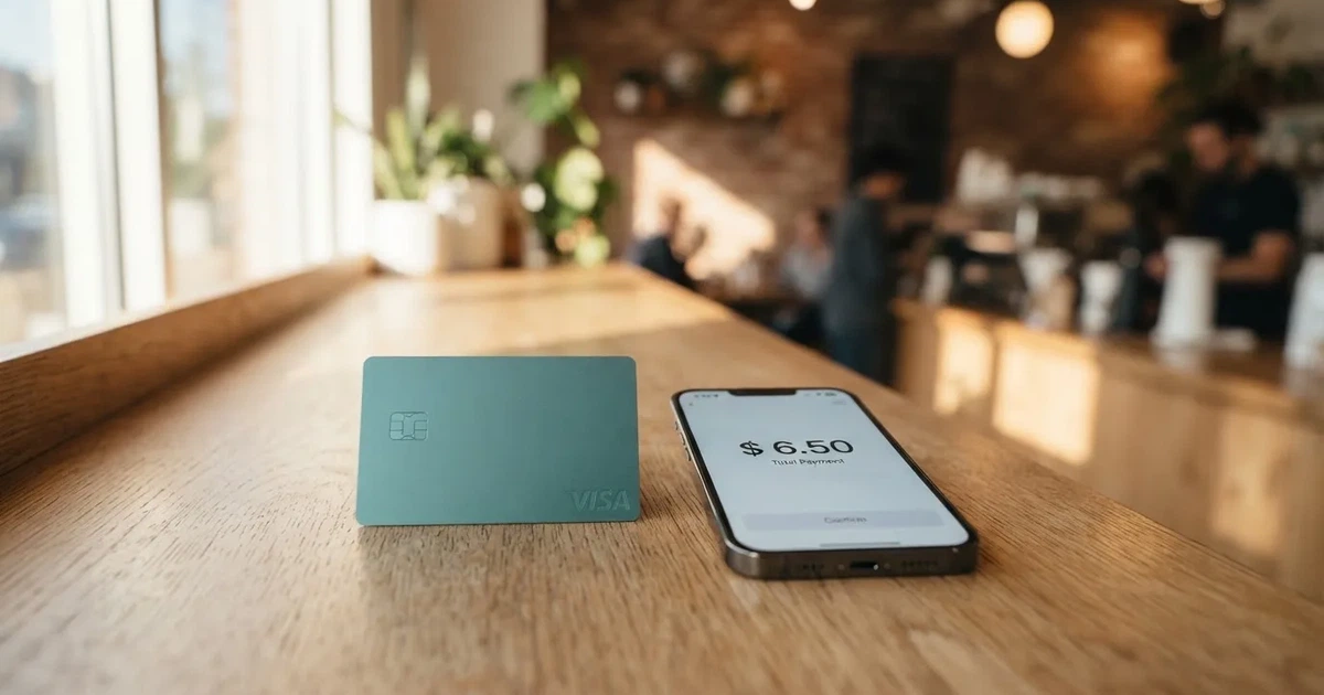 A payment card next to a phone with a crypto wallet app open