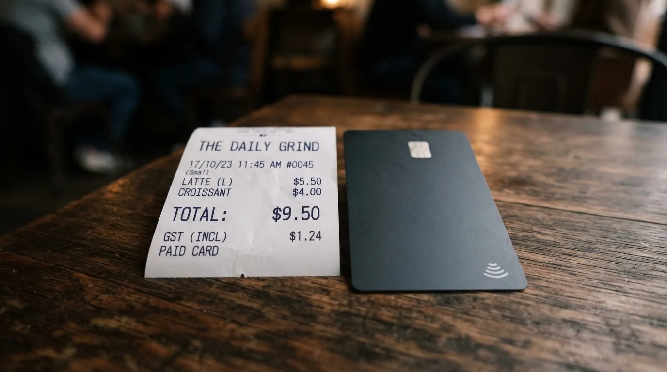 A receipt and a card on a café table