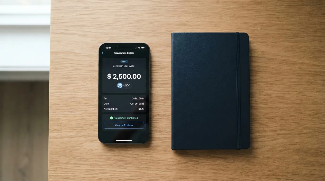 A phone showing a stablecoin transfer screen