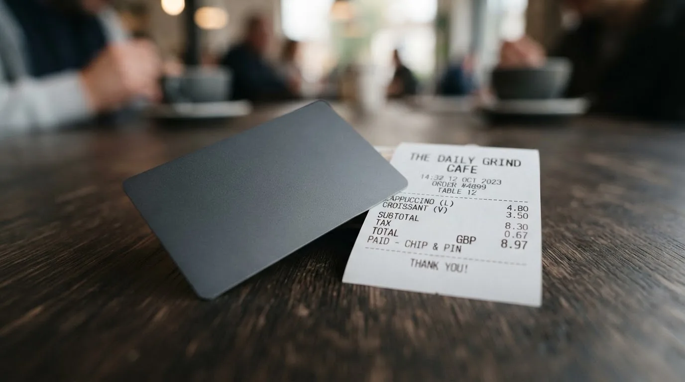 A receipt and a card on a café table