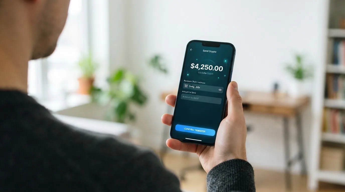 A phone showing a stablecoin transfer screen