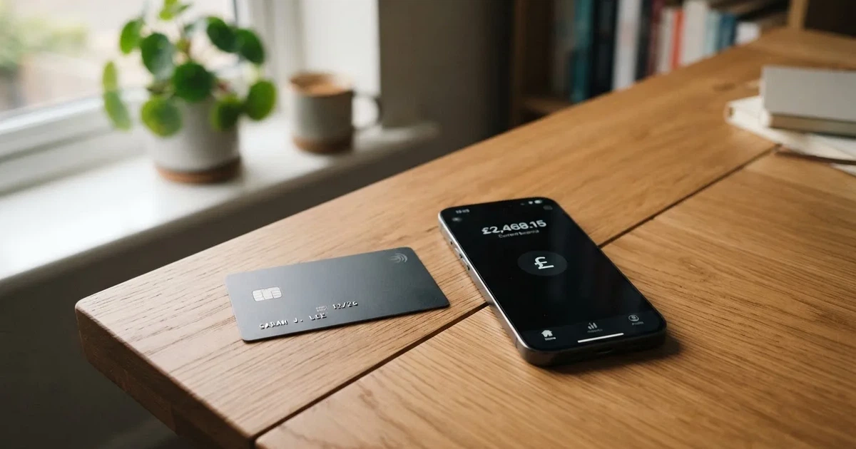 A payment card next to a phone with a crypto wallet app open
